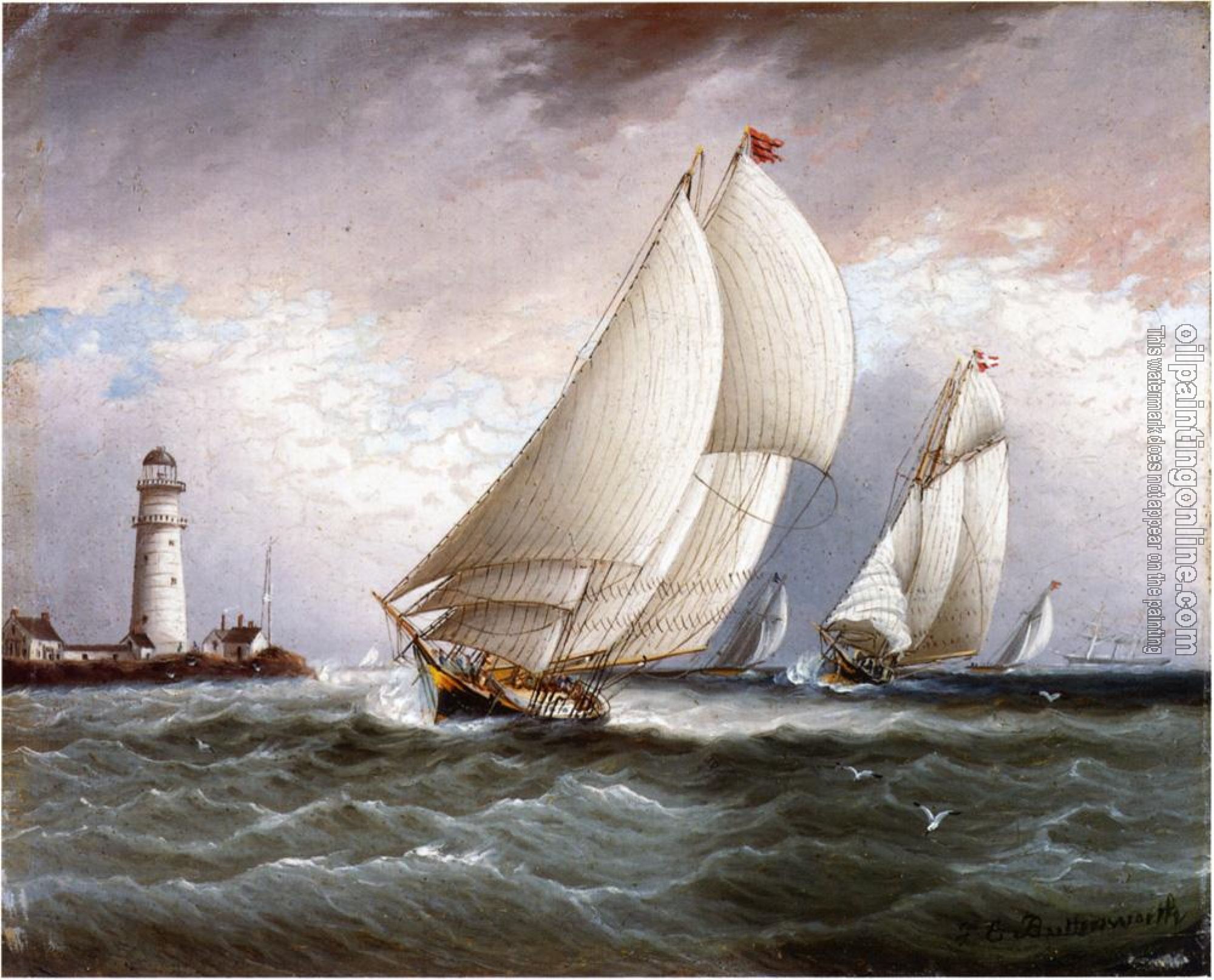 James E Buttersworth - Yacht Race Near Lighthouse